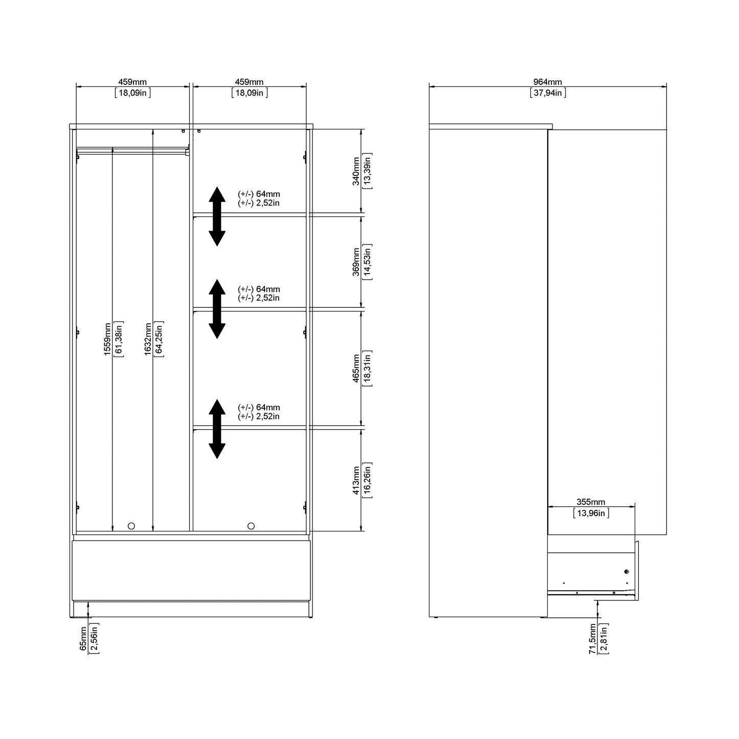 Naia Wardrobe with 2 Doors 1 Drawer in White High Gloss