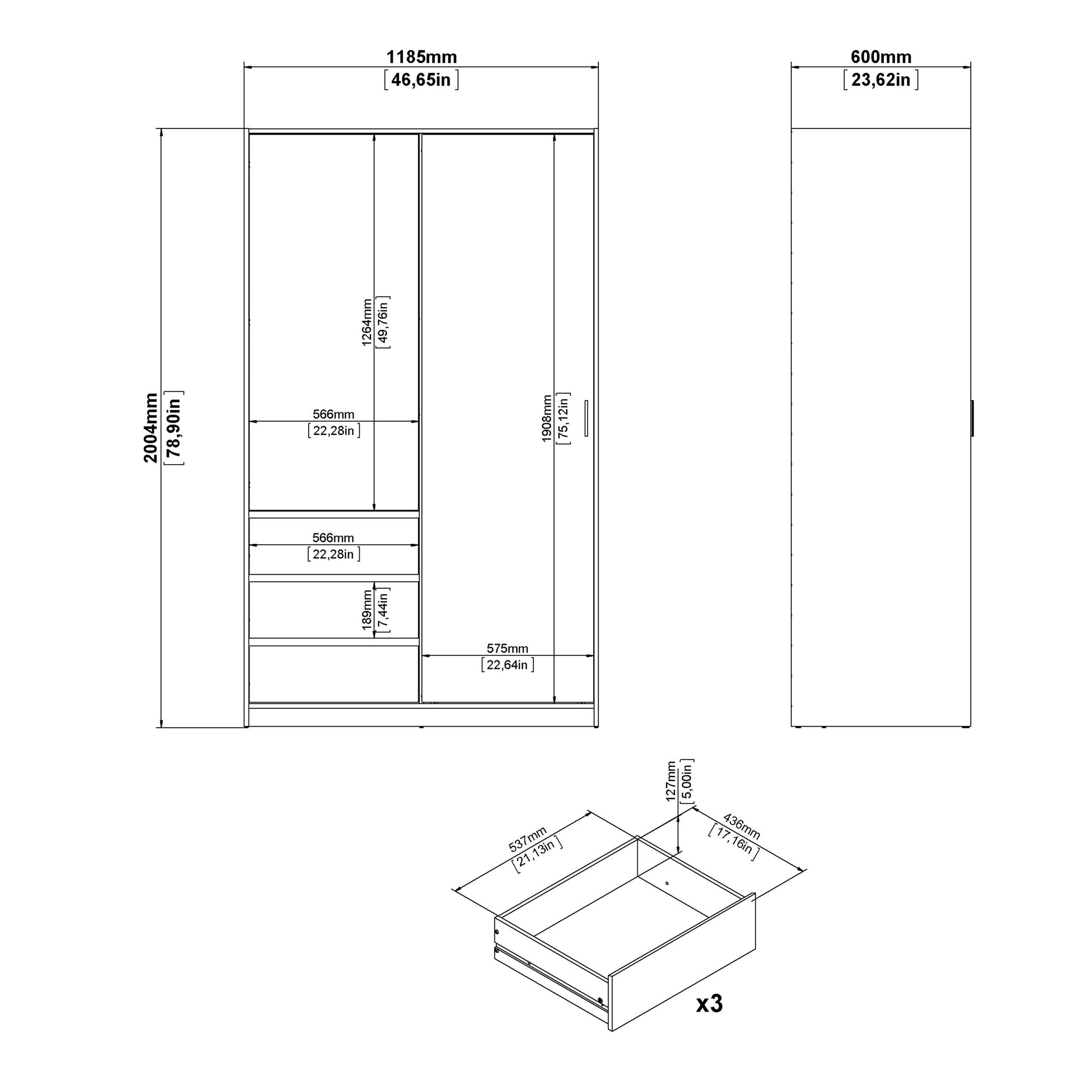 Naia Wardrobe with 1 Sliding Door and 1 Door + 3 Drawers in White