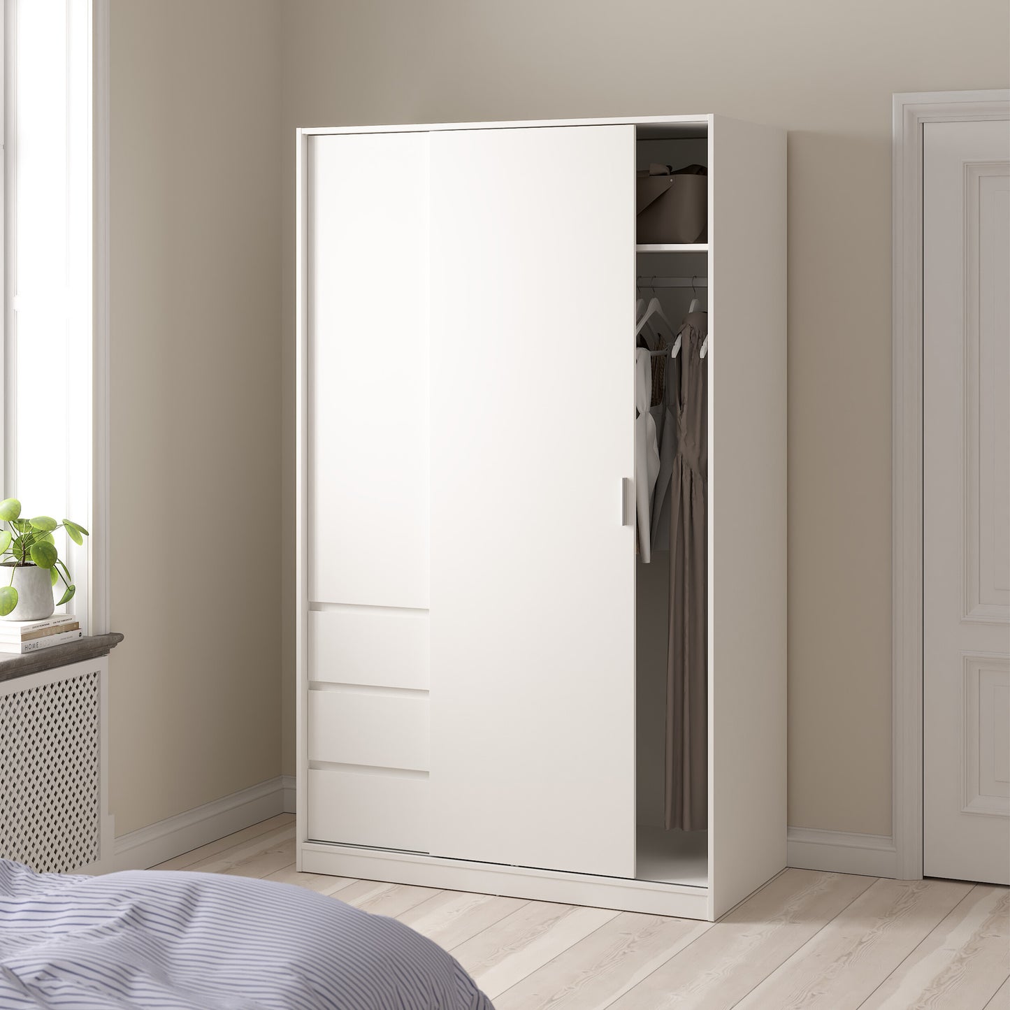 Naia Wardrobe with 1 Sliding Door and 1 Door + 3 Drawers in White