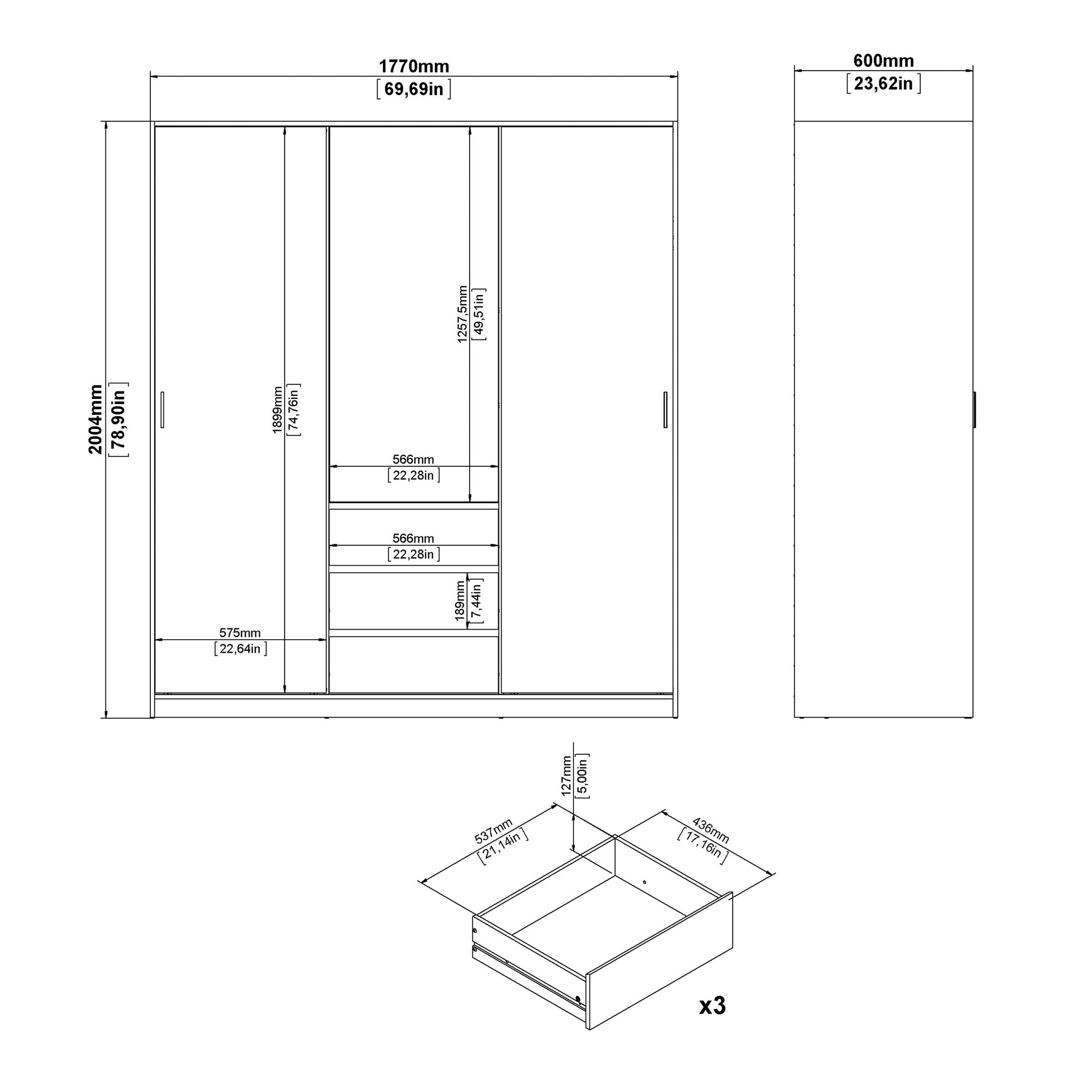 Naia Wardrobe with 2 Sliding Doors 1 Door 3 Drawers in Jackson Hickory Oak