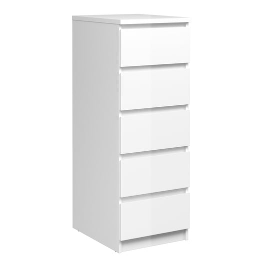 Naia Narrow Chest of 5 Drawers in White High Gloss