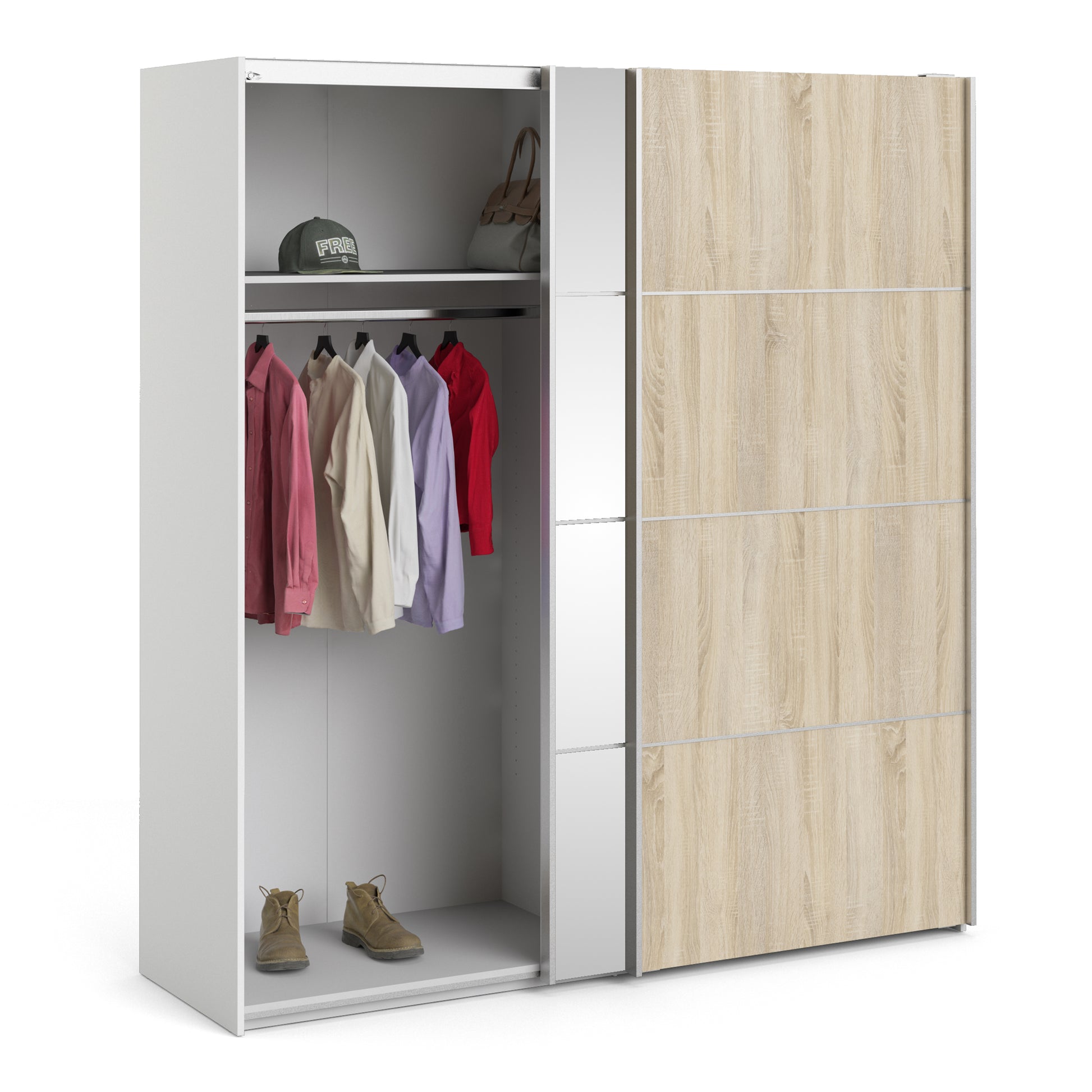 Verona Sliding Wardrobe 180cm in White with Oak and Mirror Doors with 5 Shelves