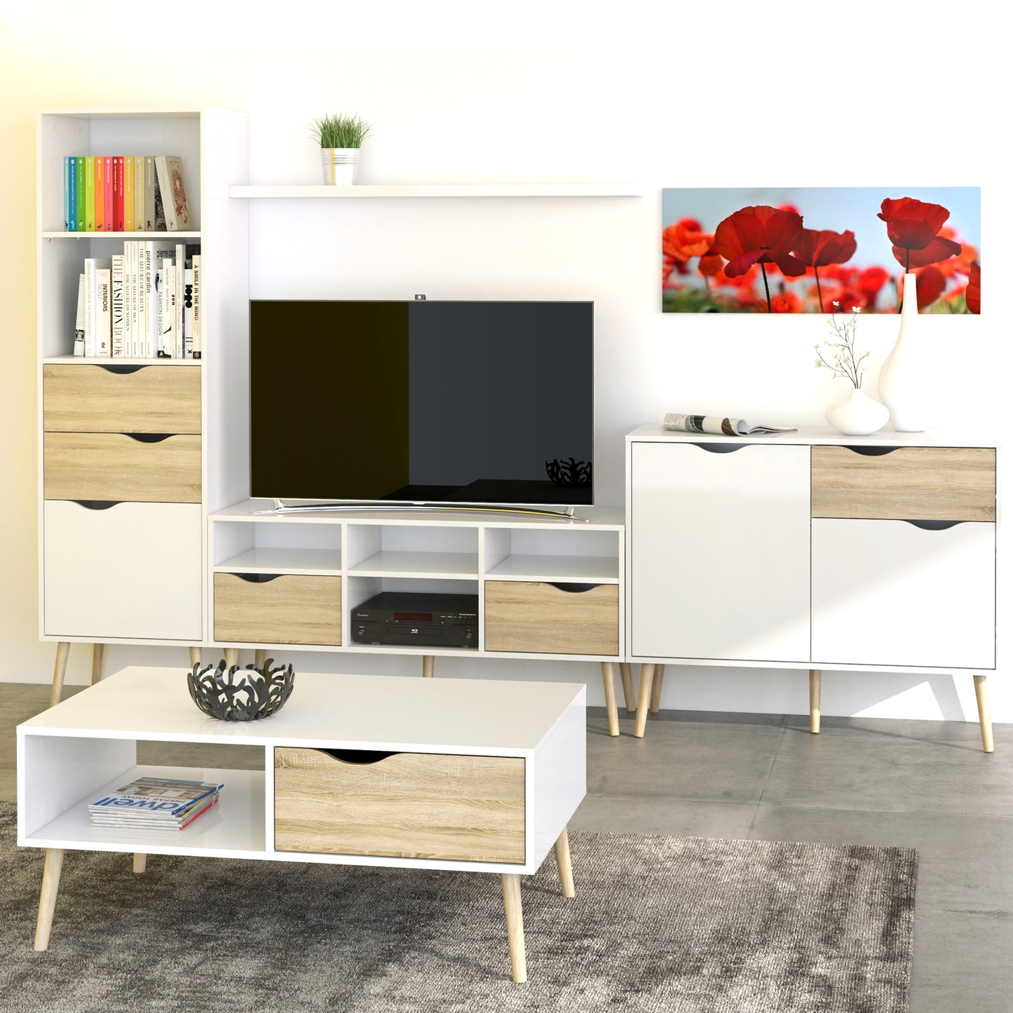 Oslo TV Unit Wide 2 Drawers 4 Shelves in White and Oak