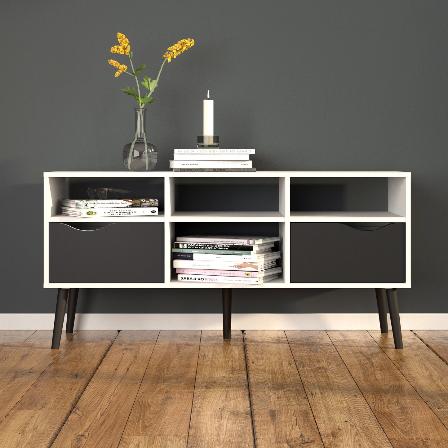 Oslo TV Unit Wide 2 Drawers 4 Shelves in White and Black Matt