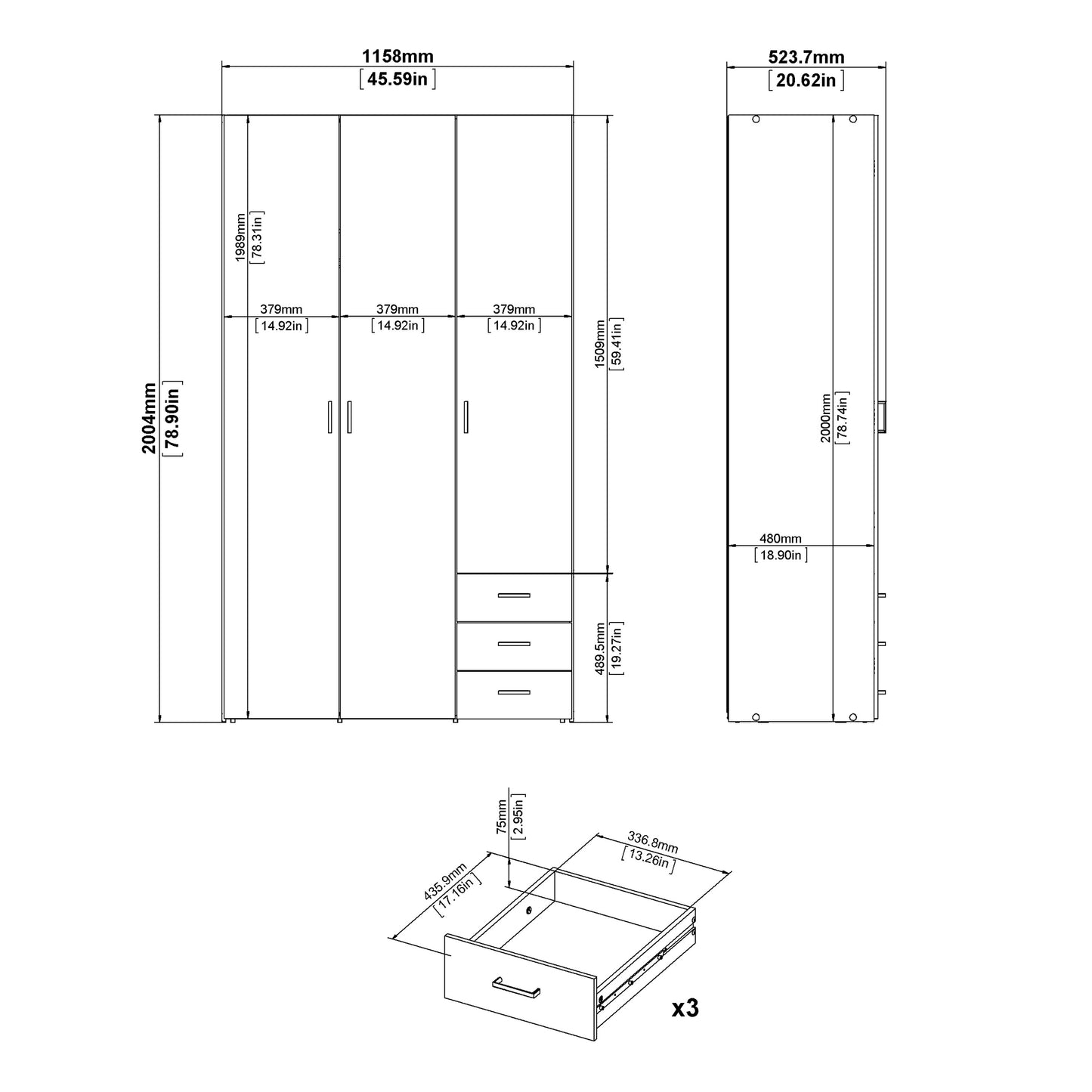 Space Wardrobe 3 Doors 3 Drawers in Oak 2000