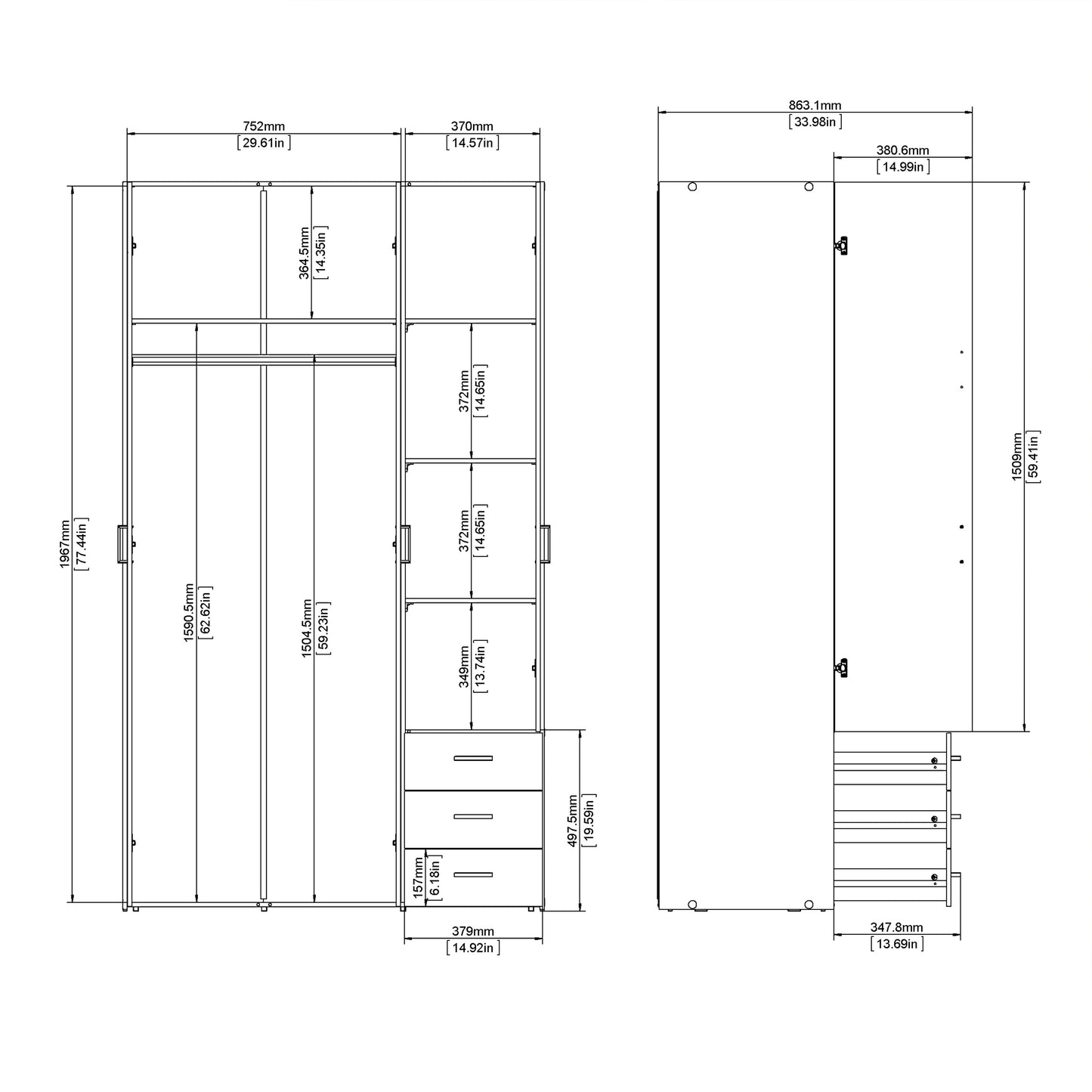 Space Wardrobe 3 Doors 3 Drawers in Oak 2000