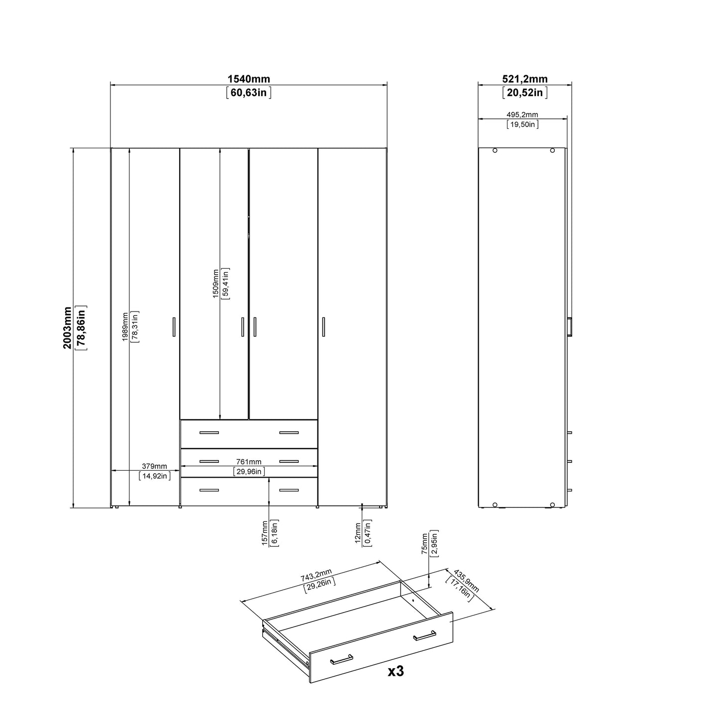 Space Wardrobe 4 Doors 3 Drawers in Oak 2000