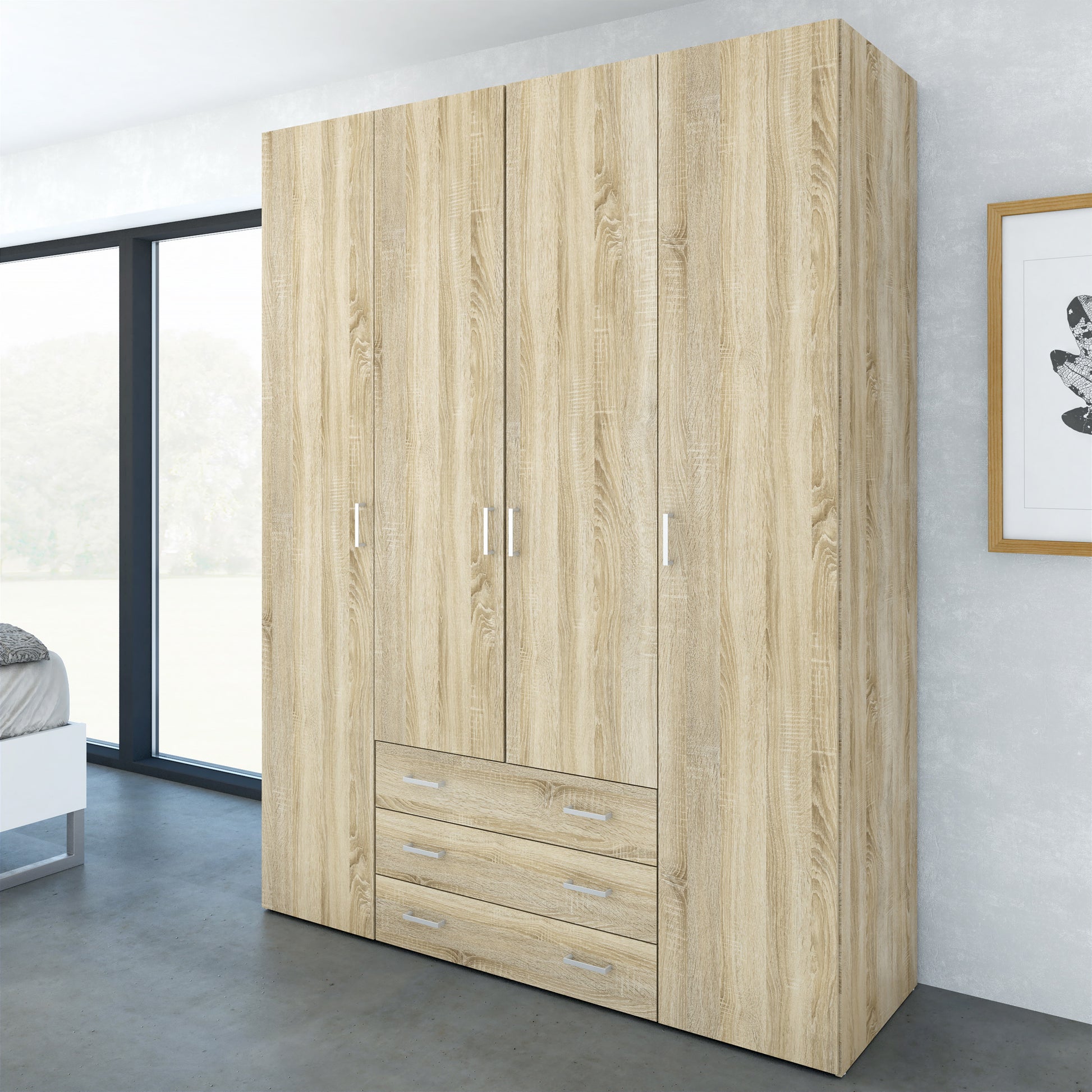 Space Wardrobe 4 Doors 3 Drawers in Oak 2000