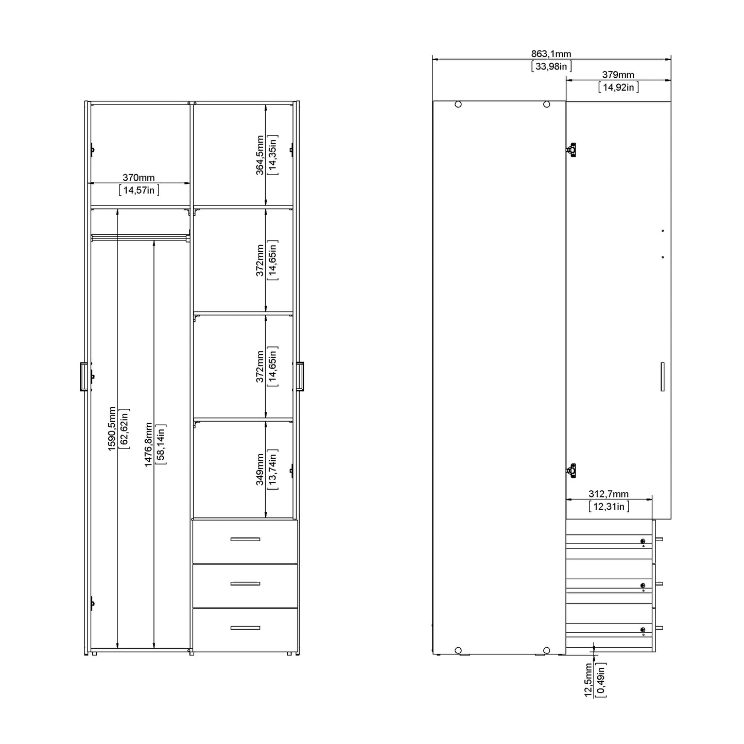 Space Wardrobe 2 Doors 3 Drawers in Oak 2000