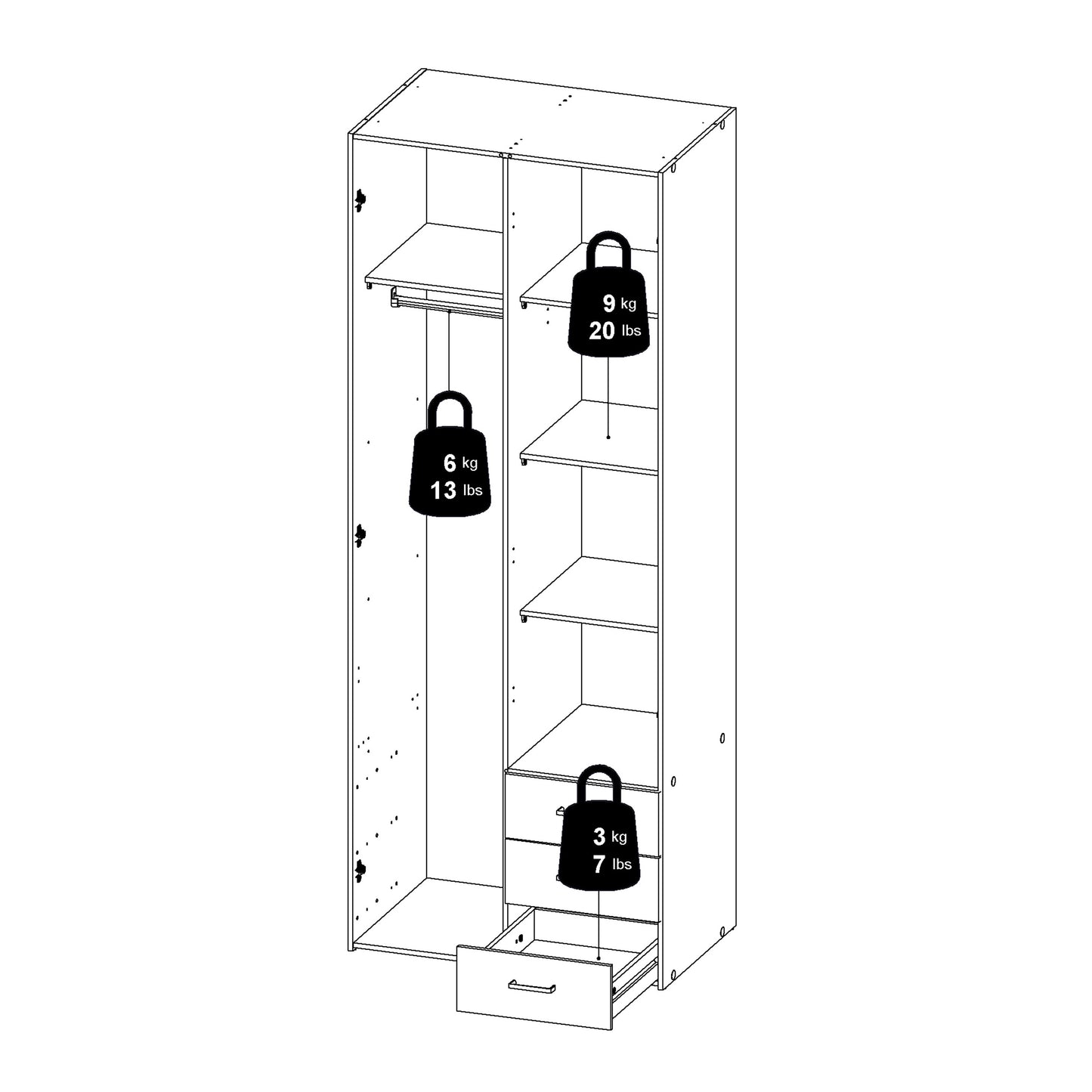 Space Wardrobe 2 Doors 3 Drawers in Oak 2000