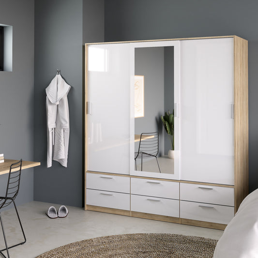 Line Wardrobe 3 Doors 6 Drawers in Oak with White High Gloss