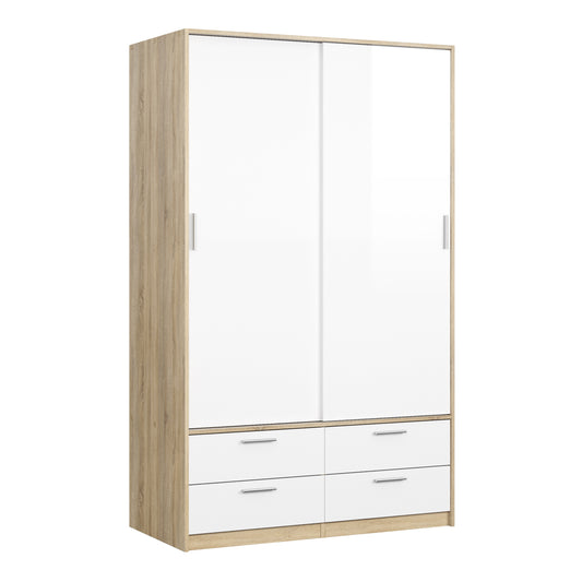 Line Wardrobe 2 Doors 4 Drawers in Oak with White High Gloss