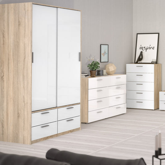 Line Wardrobe 2 Doors 4 Drawers in Oak with White High Gloss