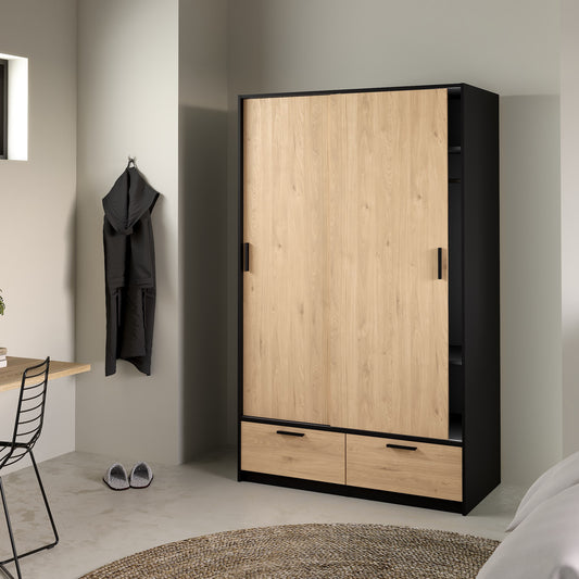 Line Wardrobe with 2 Doors 2 Drawers in Black and Jackson Hickory Oak