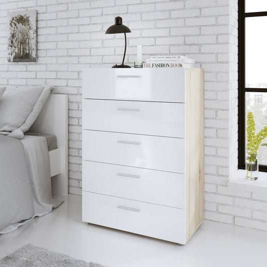 Pepe Chest of 5 Drawers in Oak with White High Gloss