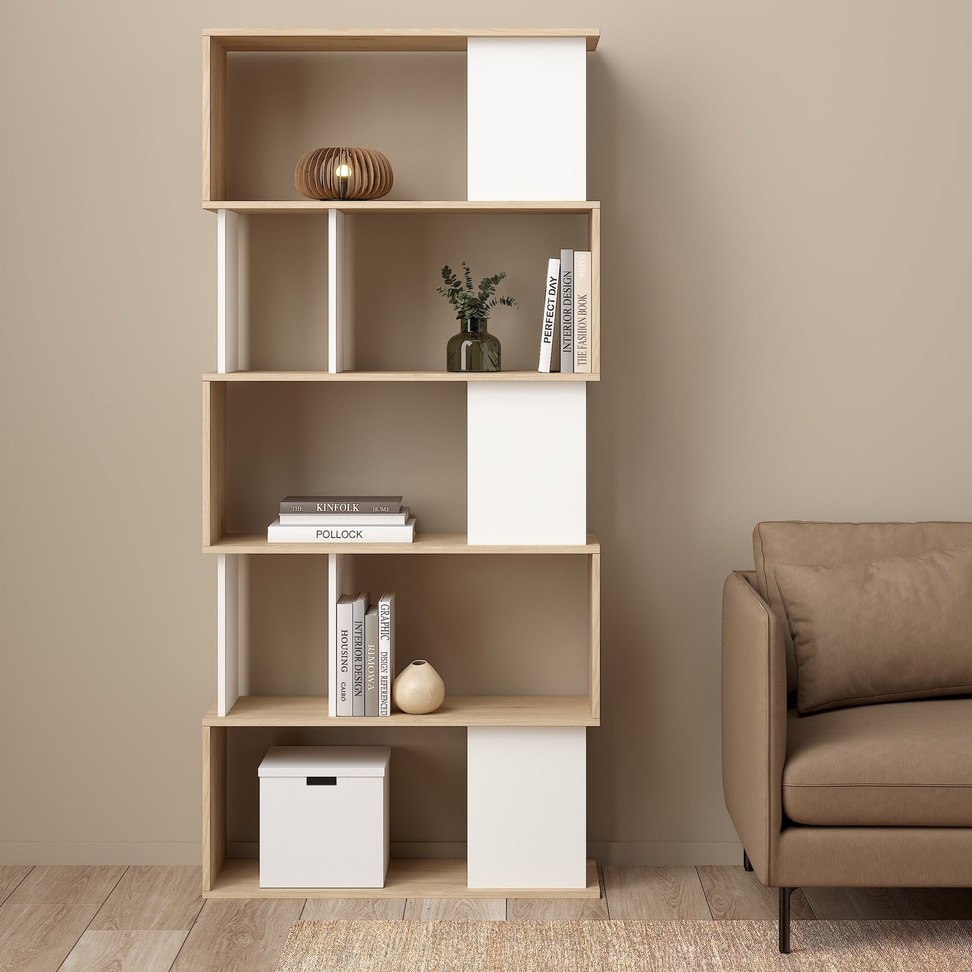 Maze Open Bookcase 4 Shelves in Jackson Hickory Oak and White