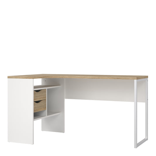 Function Plus Corner Desk 2 Drawers in White and Oak