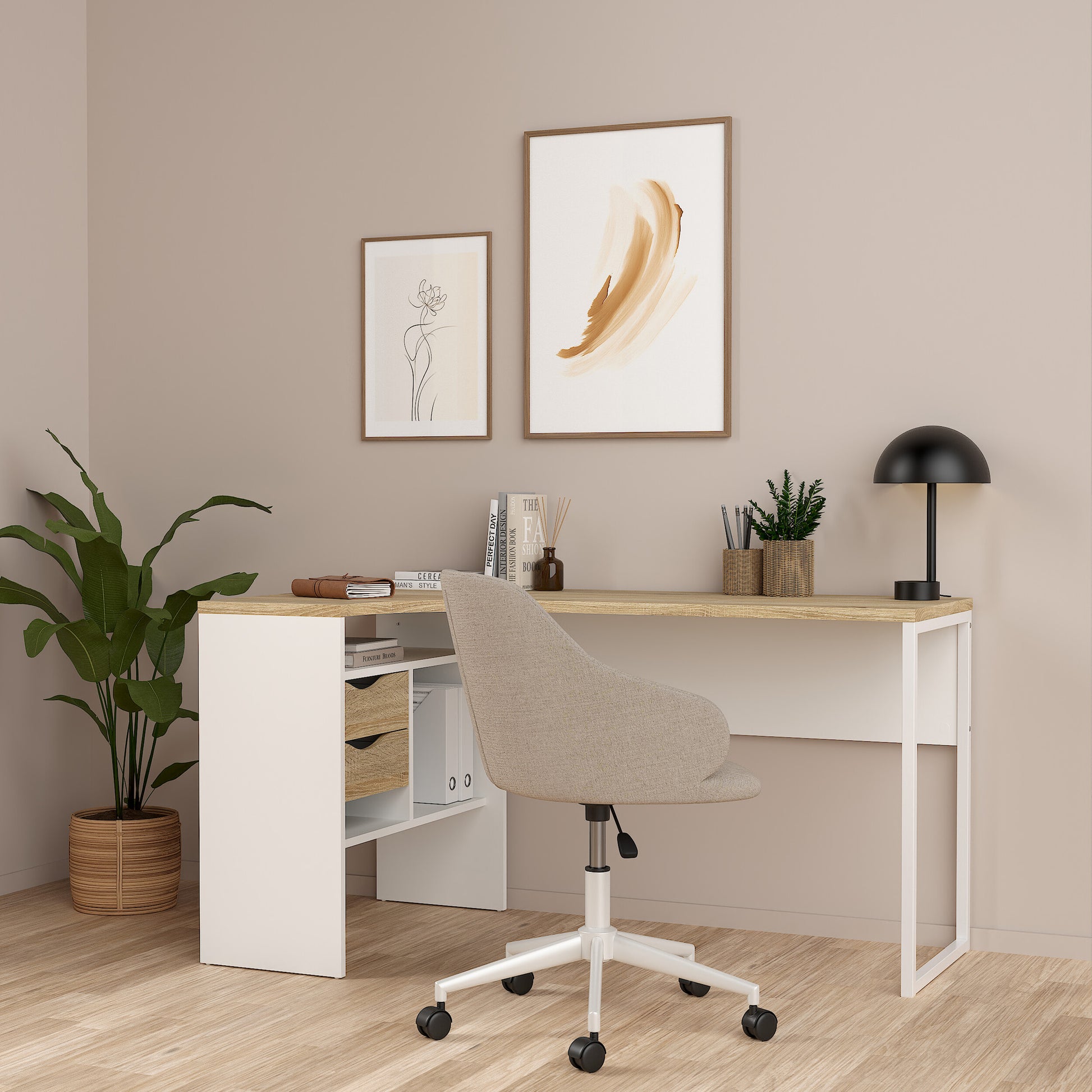 Function Plus Corner Desk 2 Drawers in White and Oak