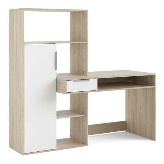 Function Plus Desk Multi Functional Desk with Drawer and 1 Door in White and Oak