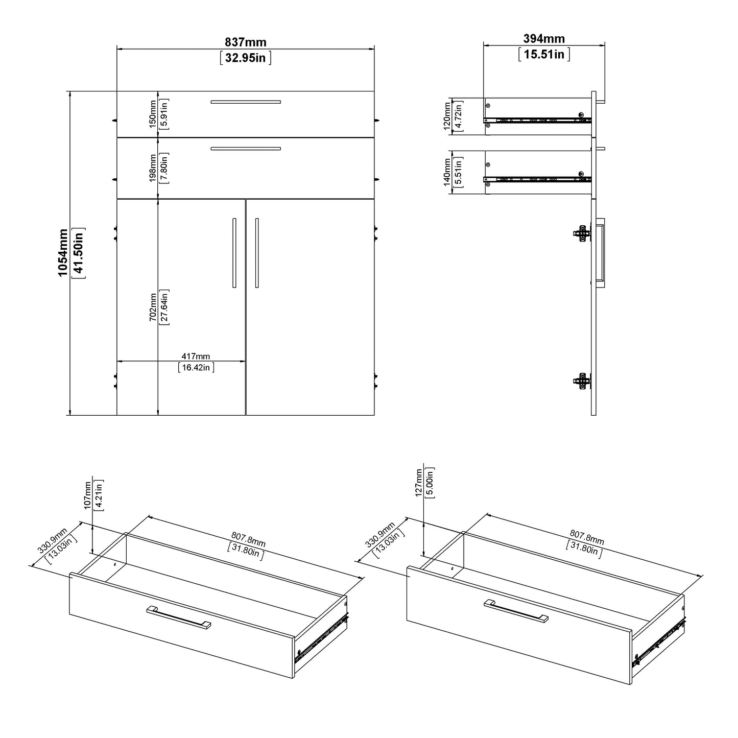 Prima Bookcase 2 Shelves with 2 Drawers 2 Doors In White