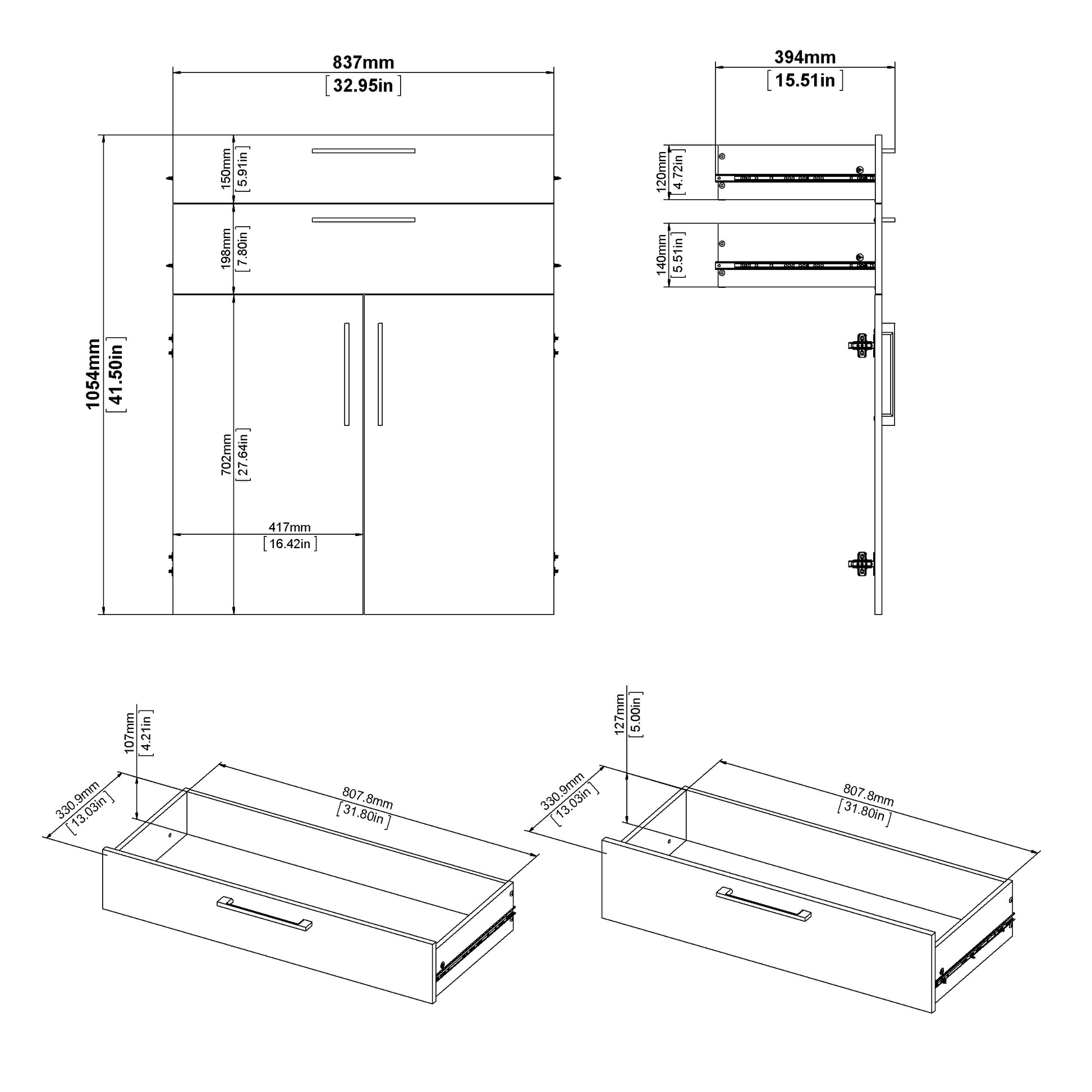 Prima Bookcase 2 Shelves with 2 Drawers 2 Doors In White