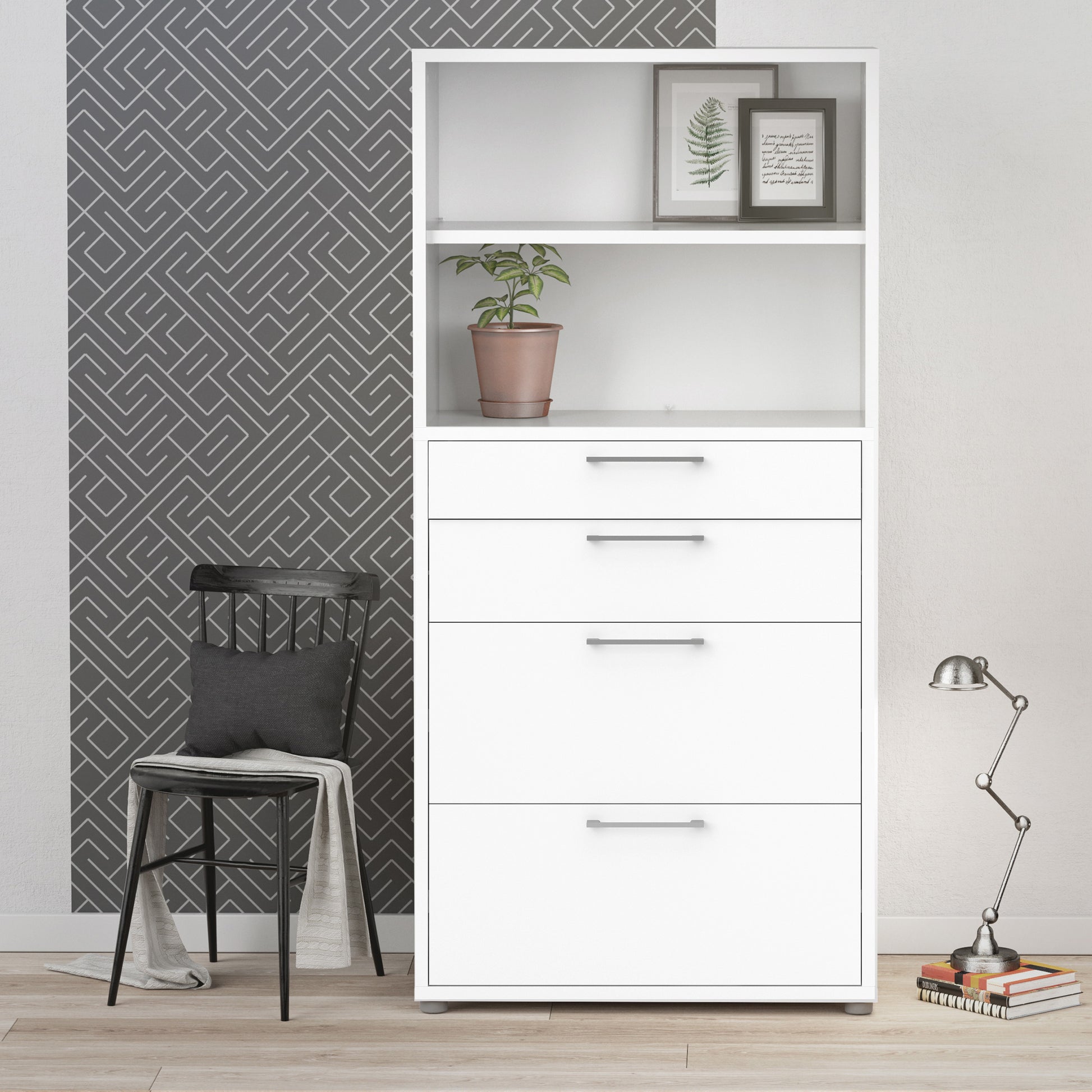 Prima Bookcase 1 Shelf With 2 Drawers 2 File Drawers In White