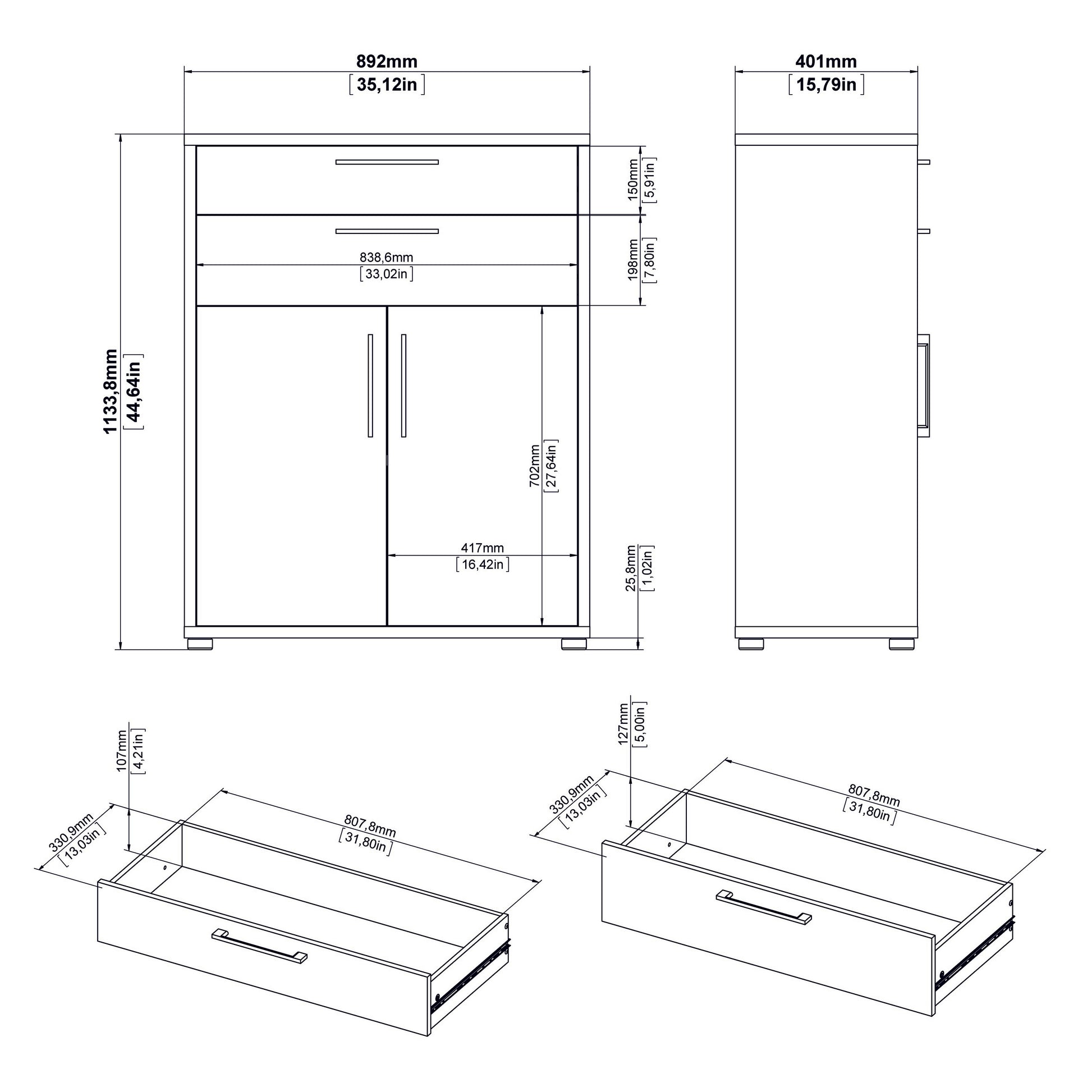 Prima Bookcase 3 Shelves with 2 Drawers 2 Doors in Oak