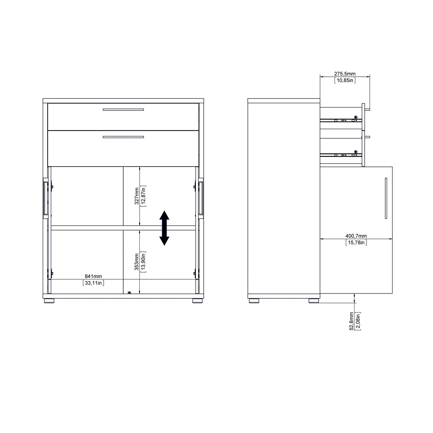 Prima Bookcase 3 Shelves with 2 Drawers 2 Doors in Oak