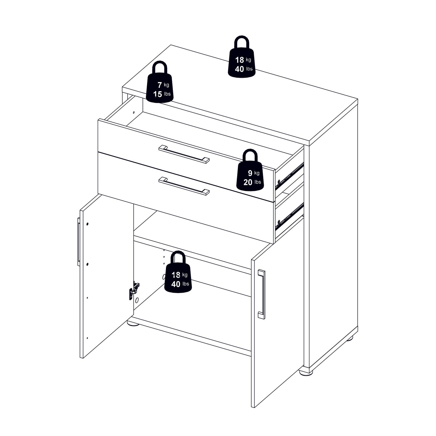 Prima Bookcase 3 Shelves with 2 Drawers 2 Doors in Oak