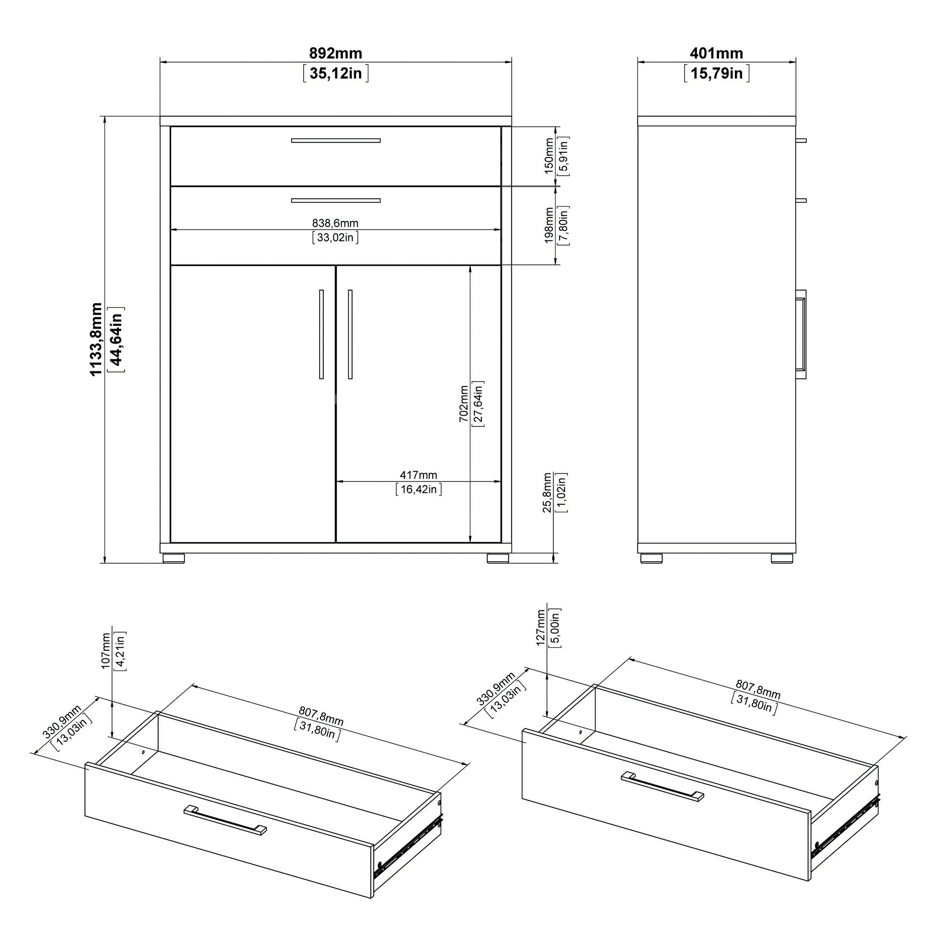 Prima Bookcase 1 Shelf With 2 Drawers 2 Doors In White