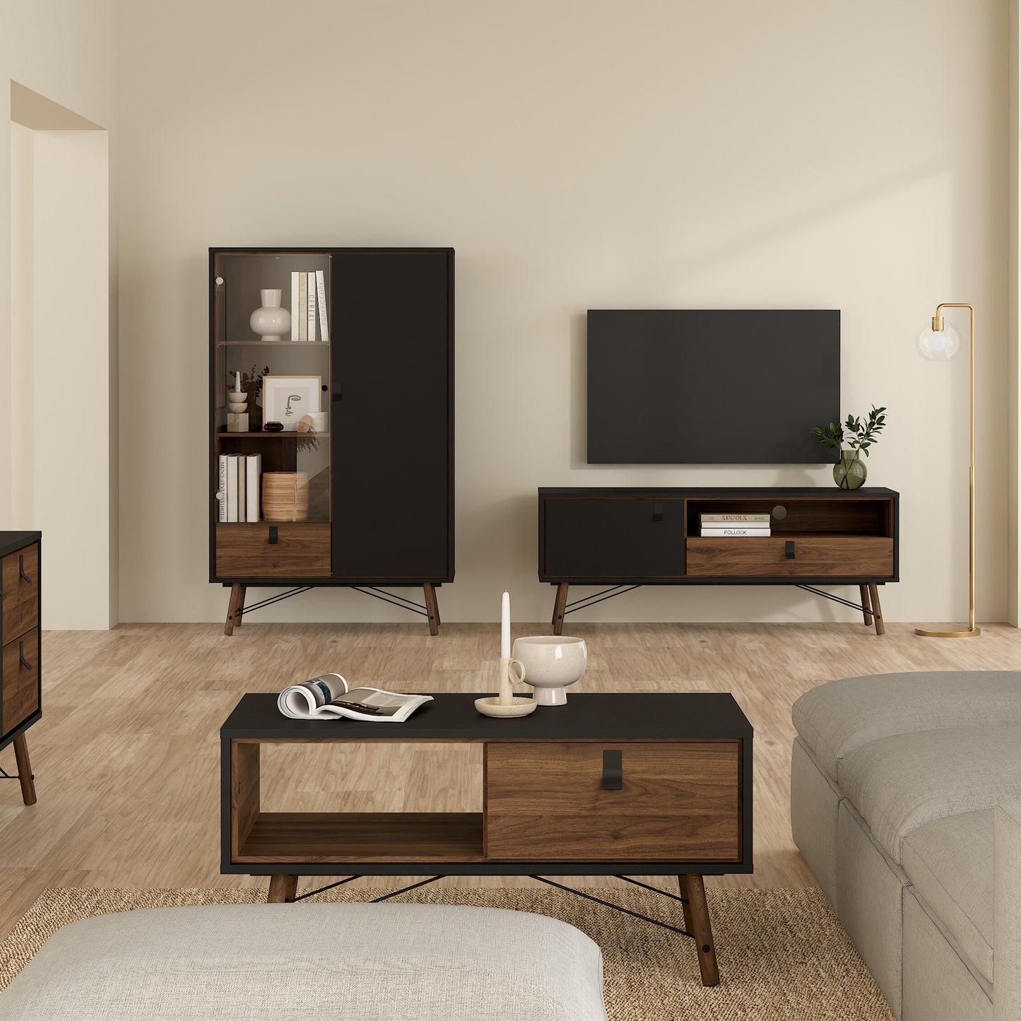 Ry TV Unit 1 Door 1 Drawer in Matt Black Walnut