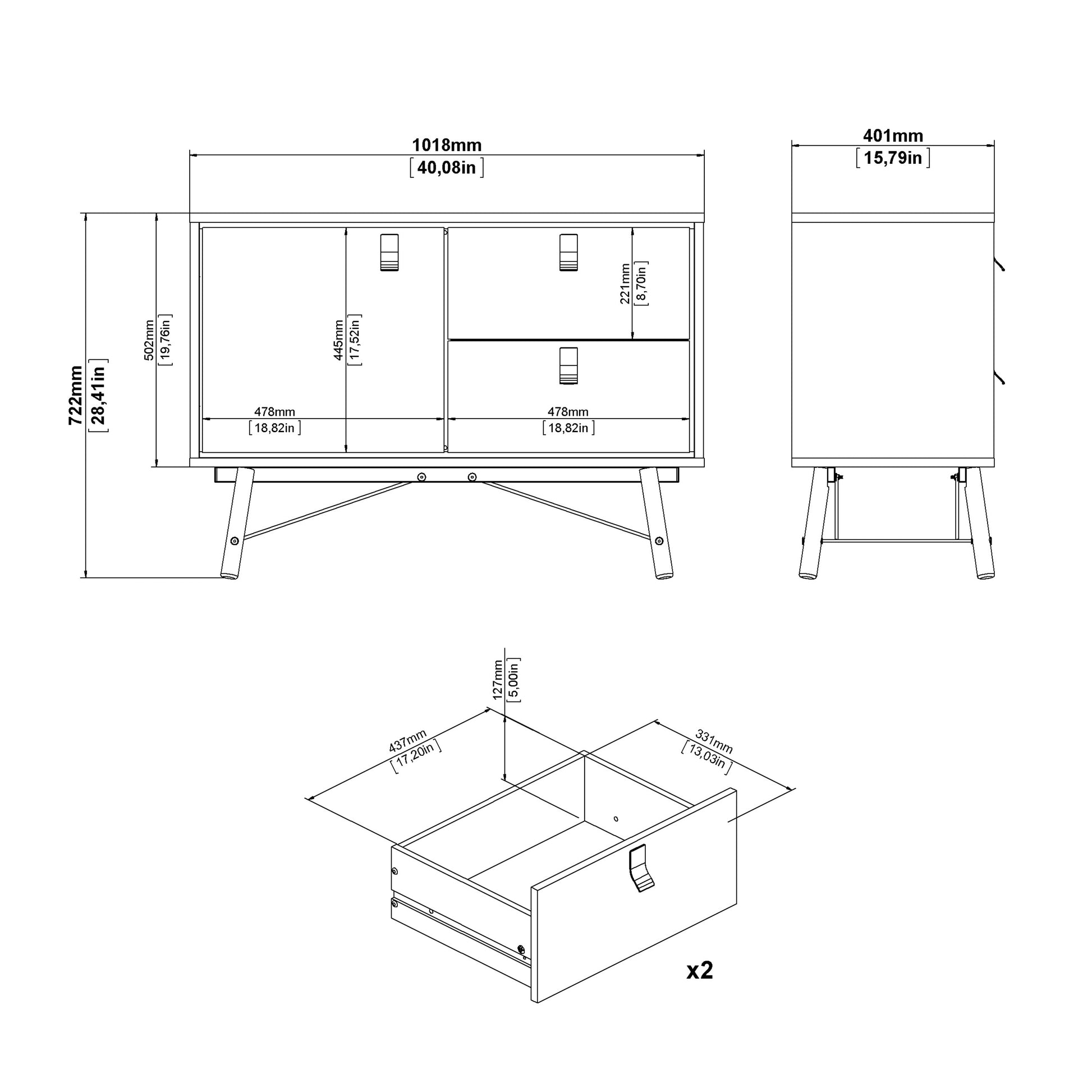 Ry Sideboard with 1 Door 2 Drawers in Matt White