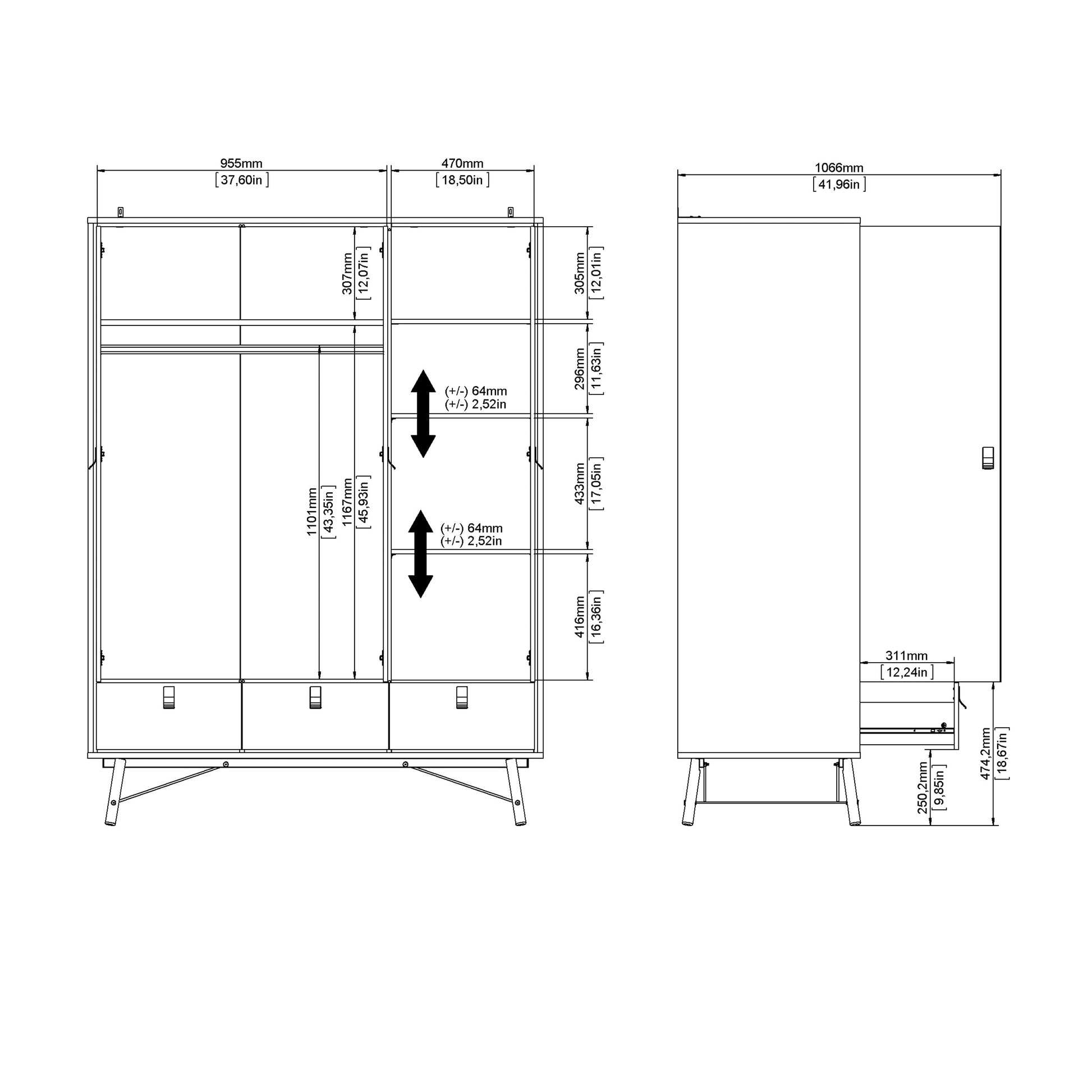 Ry Wardrobe 3 Doors 3 Drawers in Matt Black Walnut