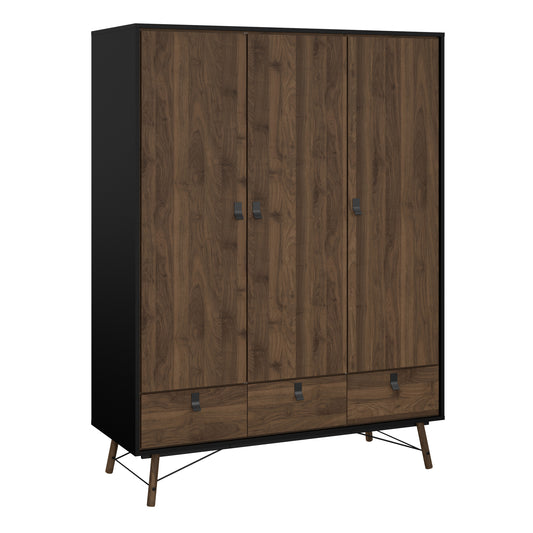 Ry Wardrobe 3 Doors 3 Drawers in Matt Black Walnut