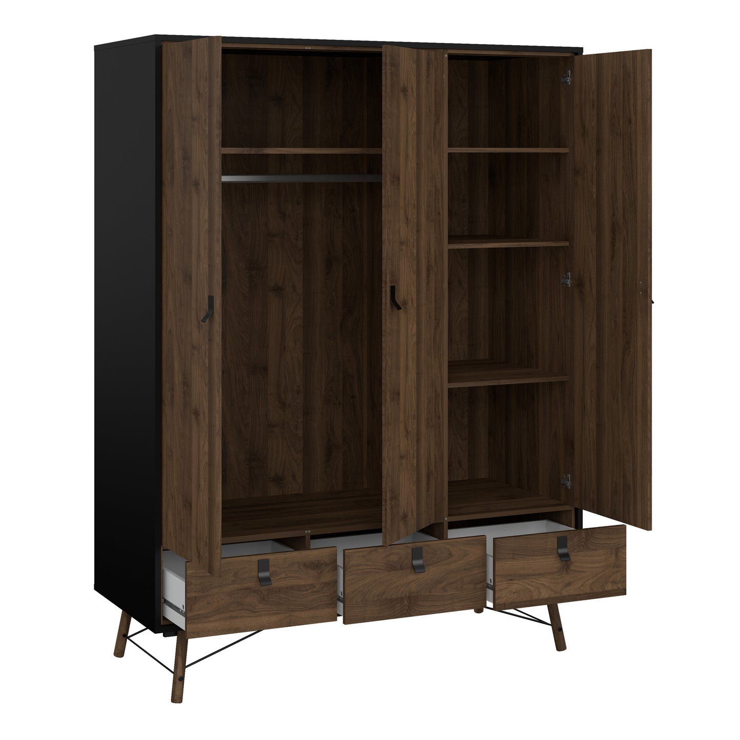 Ry Wardrobe 3 Doors 3 Drawers in Matt Black Walnut