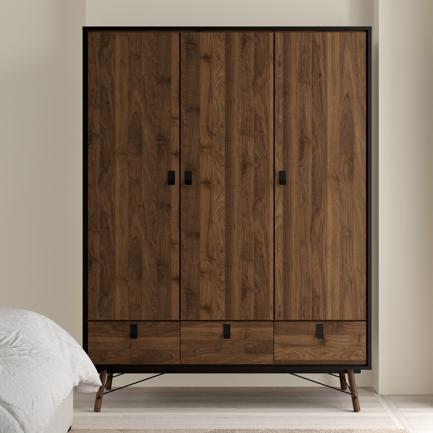 Ry Wardrobe 3 Doors 3 Drawers in Matt Black Walnut