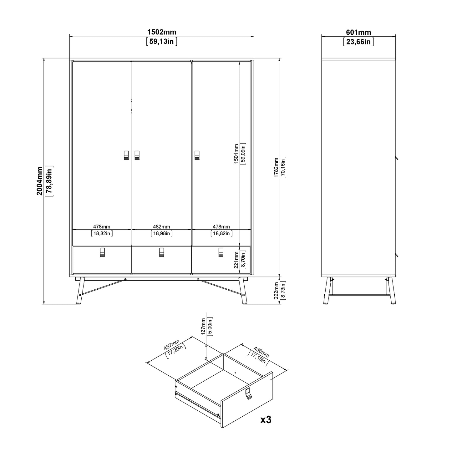 Ry Wardrobe 3 Doors 3 Drawers in Matt White