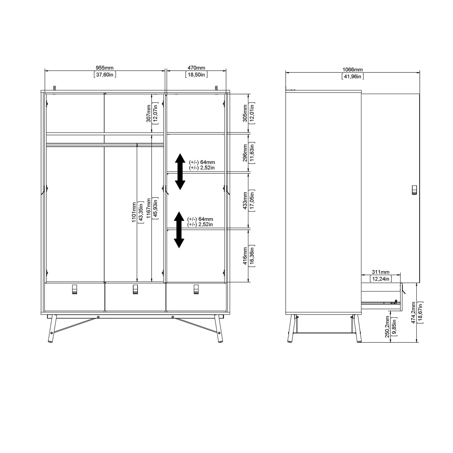 Ry Wardrobe 3 Doors 3 Drawers in Matt White