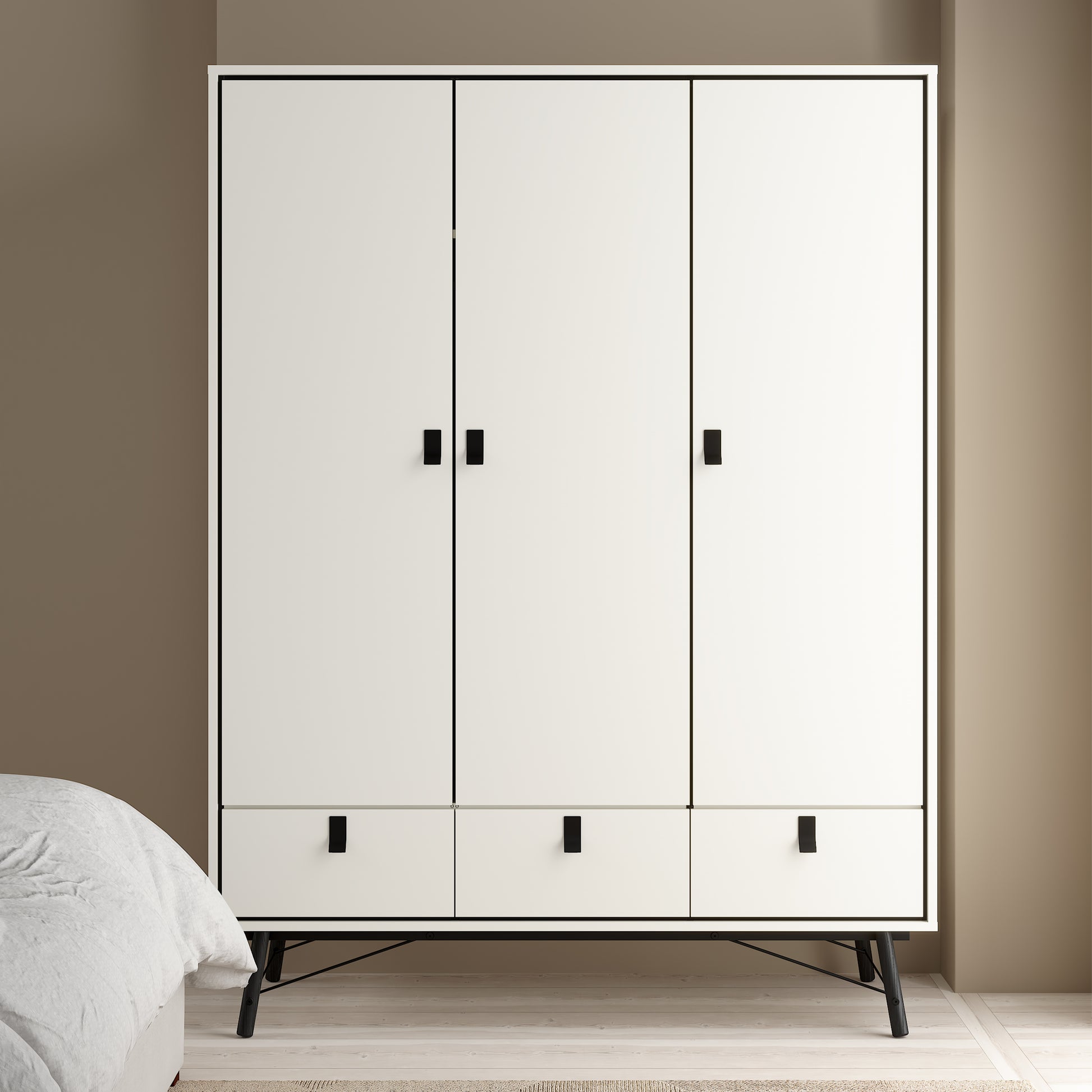 Ry Wardrobe 3 Doors 3 Drawers in Matt White