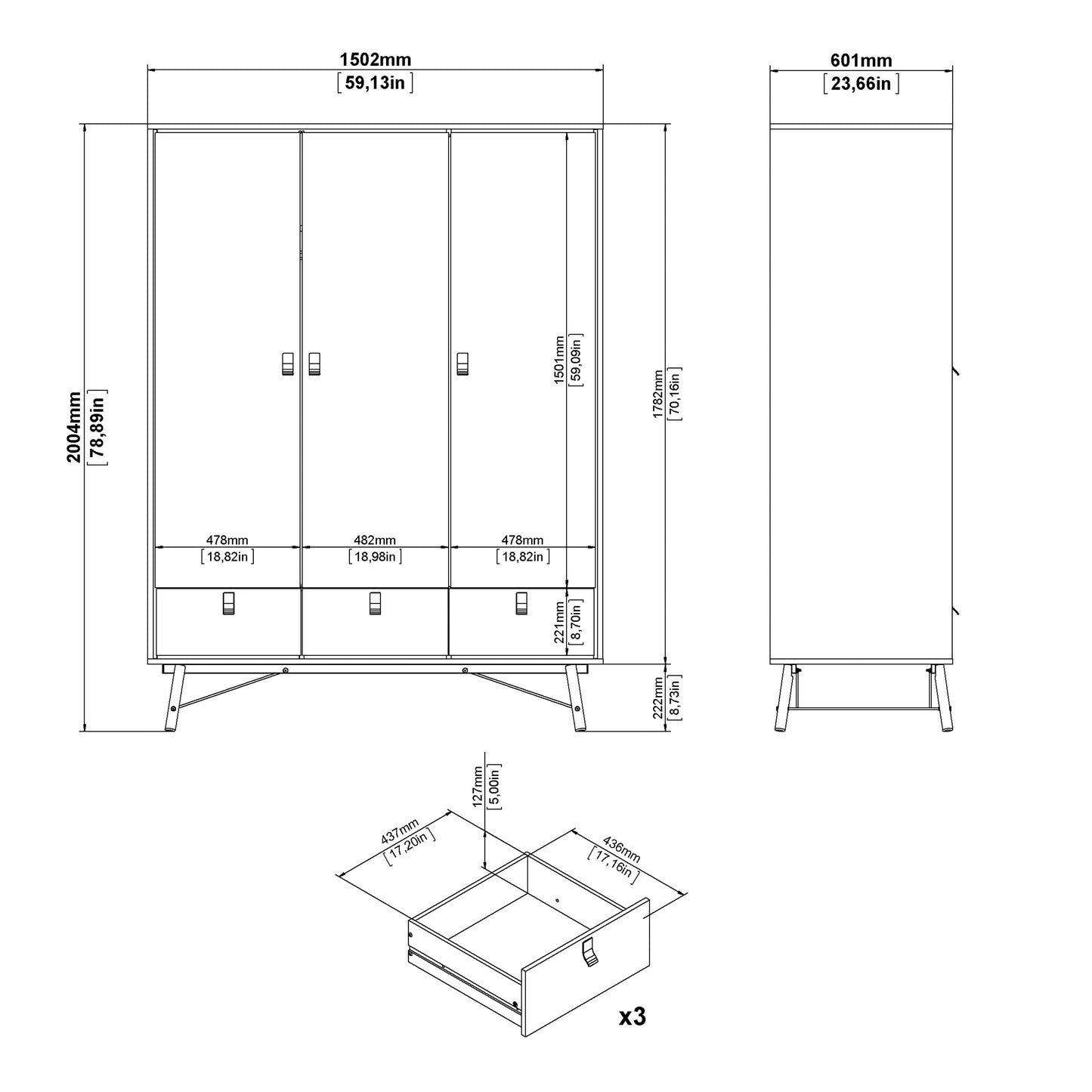 Ry Wardrobe 3 Doors 3 Drawers in Jackson Hickory Oak