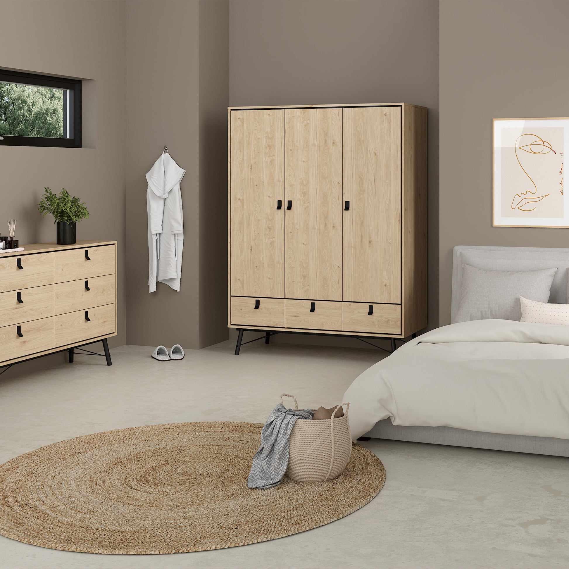 Ry Wardrobe 3 Doors 3 Drawers in Jackson Hickory Oak