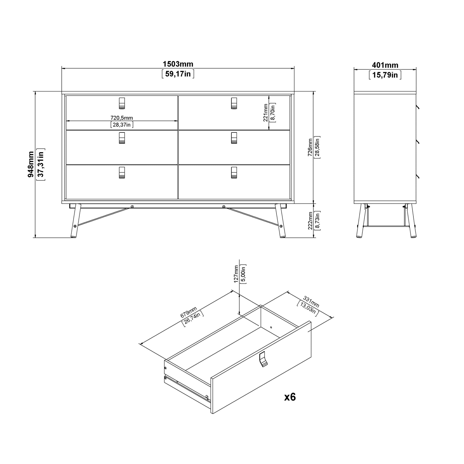 Ry Wide Double Chest of Drawers 6 Drawers in Jackson Hickory Oak