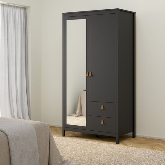 Barcelona Wardrobe with 1 Door 1 Mirror Door 2 Drawers in Matt Black