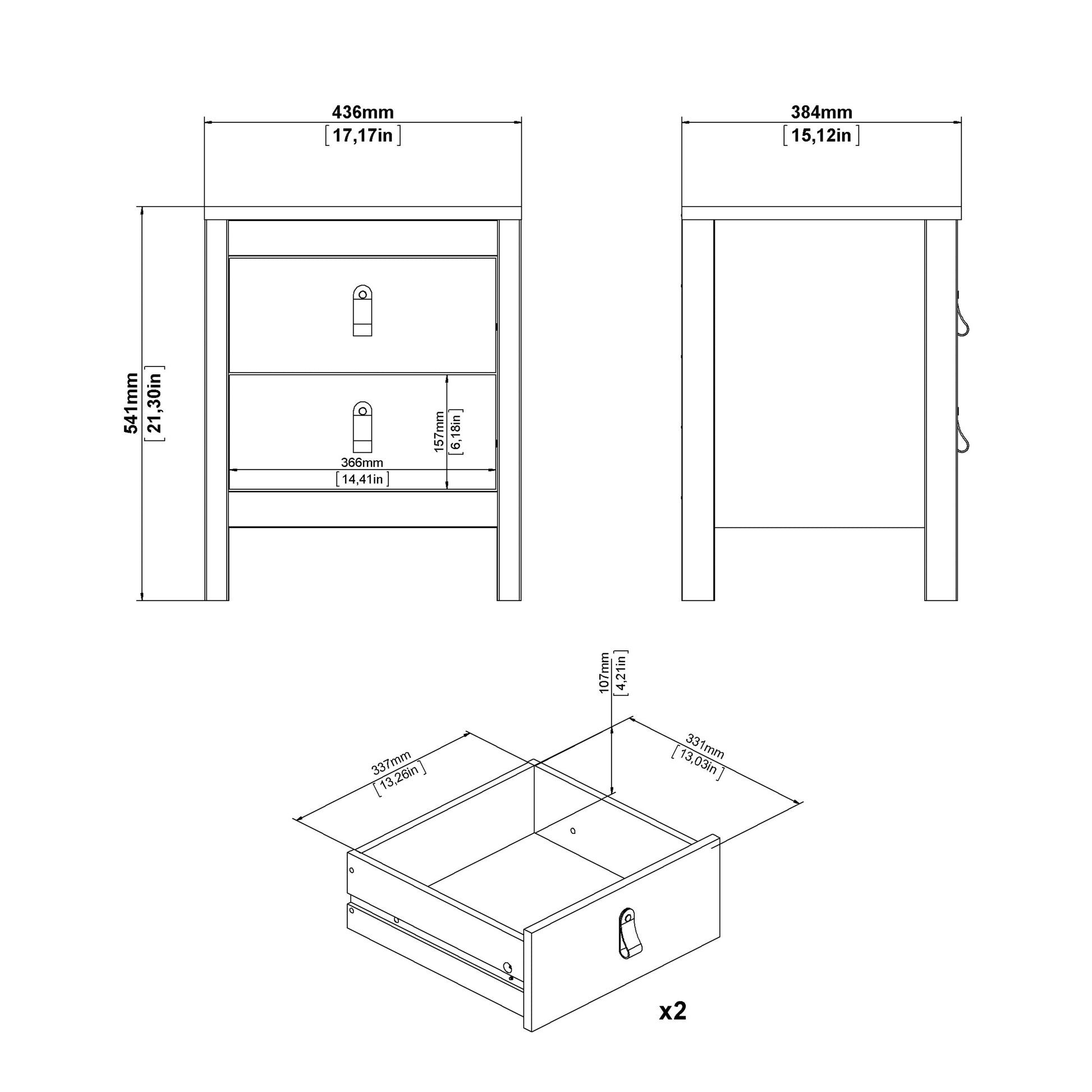 Barcelona Bedside Table 2 Drawers in White