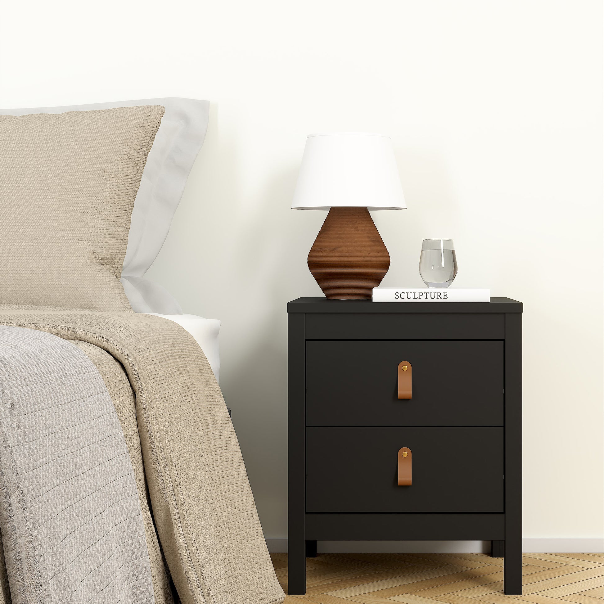 Barcelona Bedside Table 2 Drawers in Matt Black