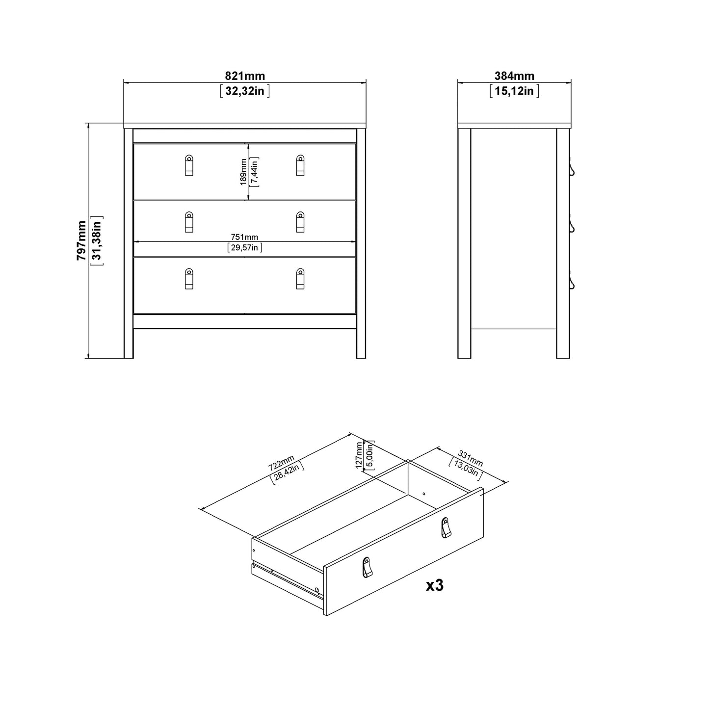 Barcelona Chest 3 Drawers in Jackson Hickory Oak