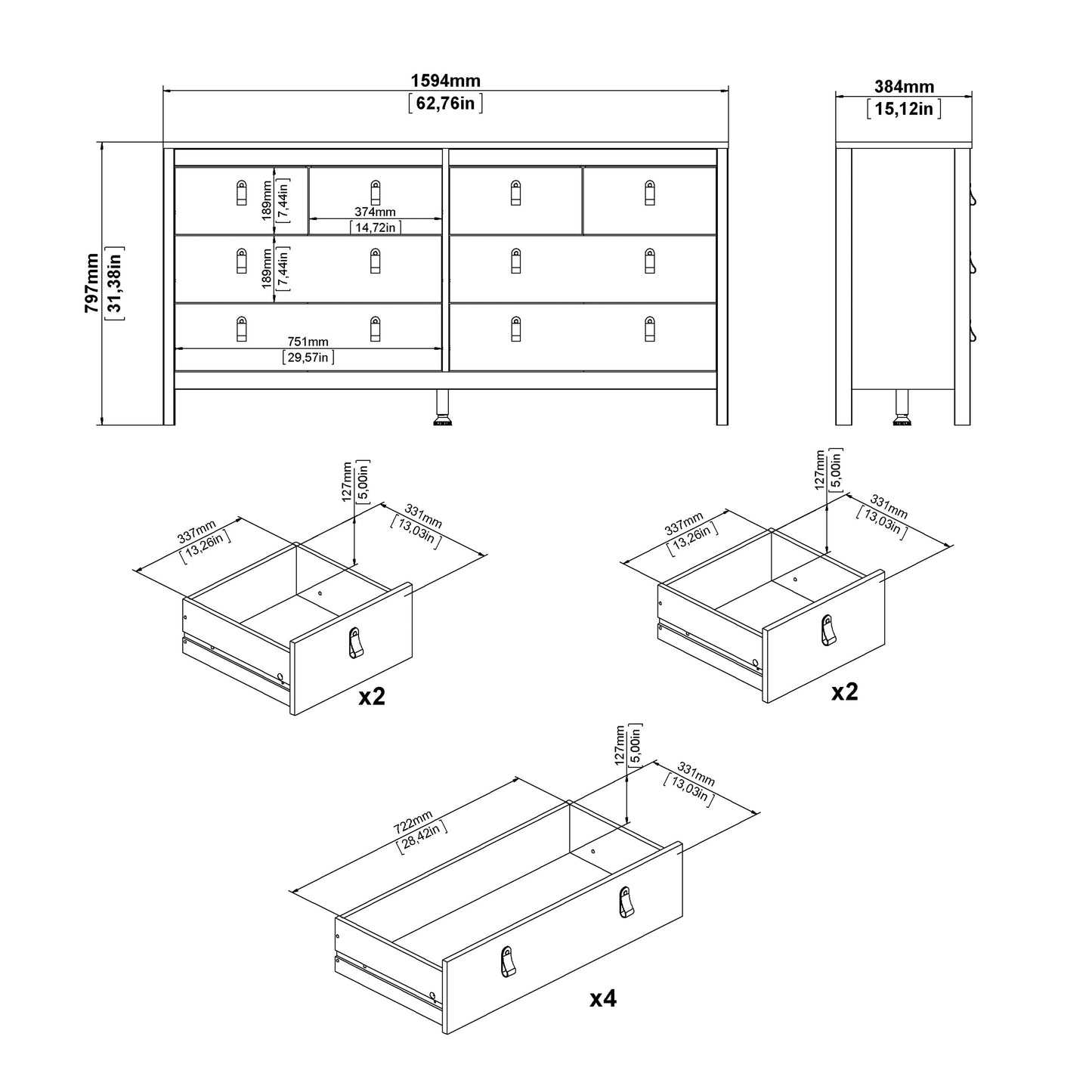 Barcelona Double Dresser 4+4 Drawers in Matt Black