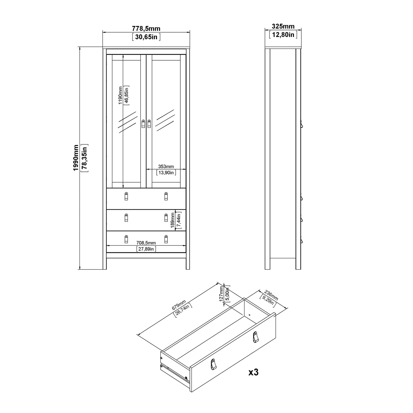 Barcelona China Cabinet 2 Glass Doors with 3 Drawers in White