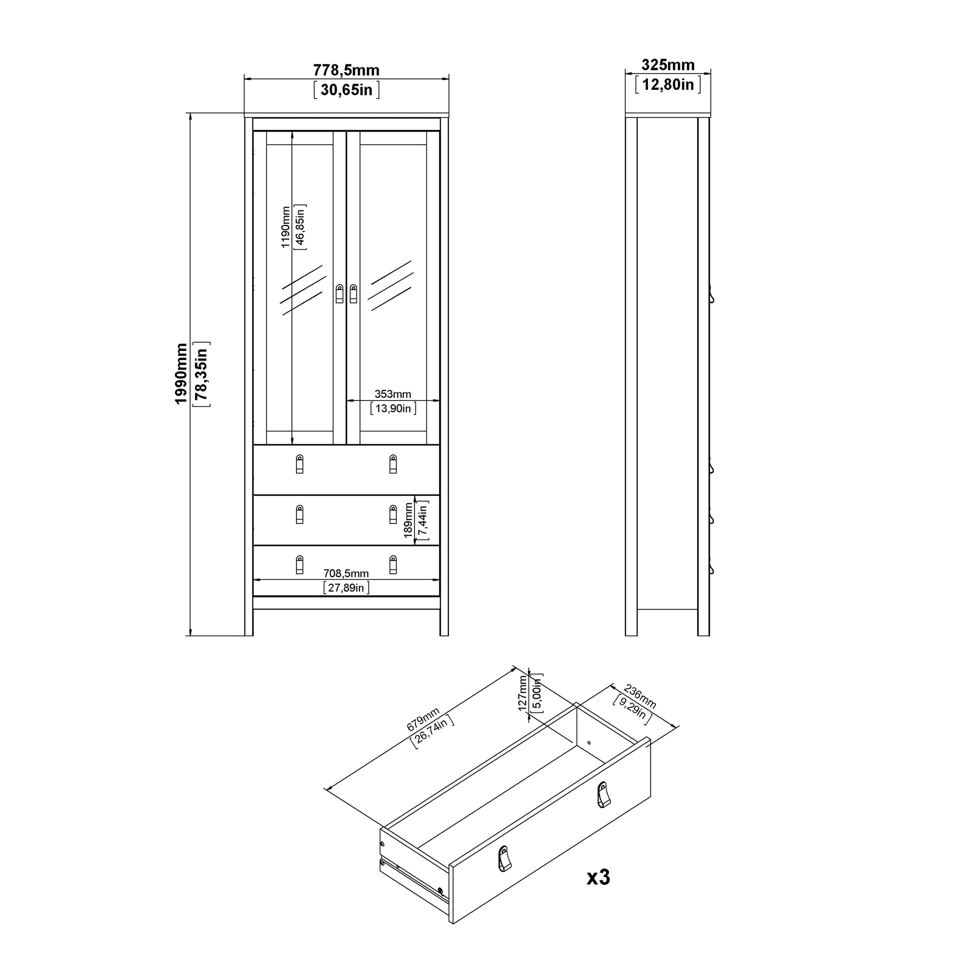 Barcelona China Cabinet 2 Glass Doors with 3 Drawers in Matt Black