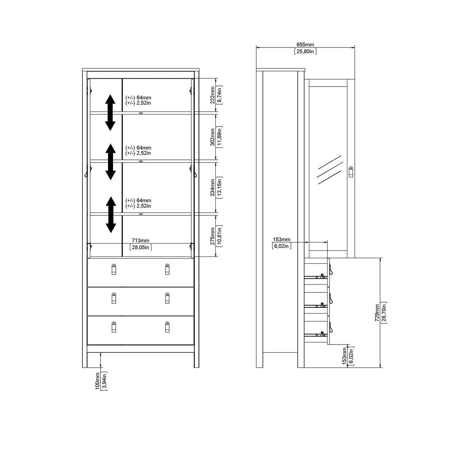 Barcelona China Cabinet 2 Glass Doors with 3 Drawers in Matt Black